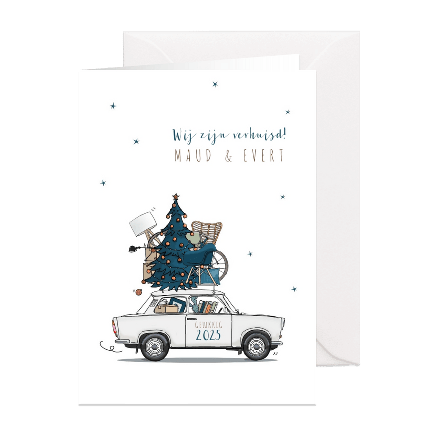 Kerst verhuiskaart Trabant wit met blauwe kerstboom - Kaartimpressie