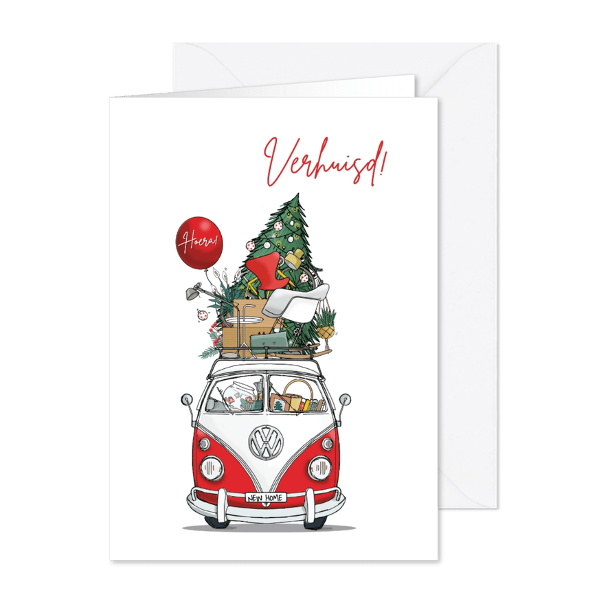 Kerst- verhuiskaart voorkant busje met kerstboom - Kaartimpressie