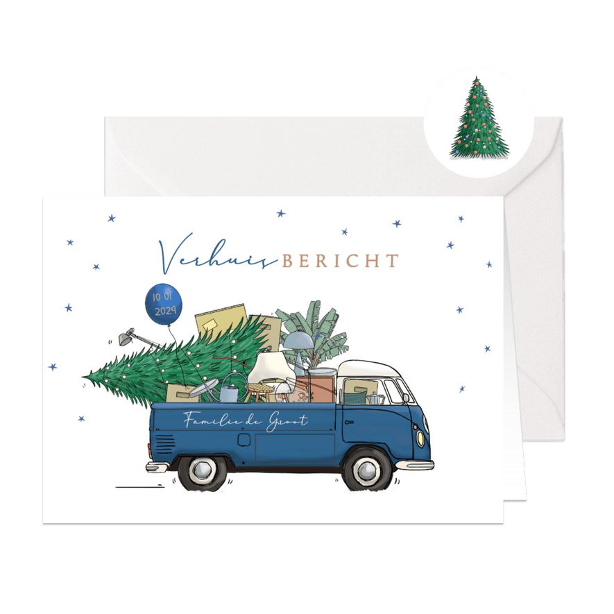 Kerst verhuiskaart vw pickup blauw met verhuisspullen - Kaartimpressie