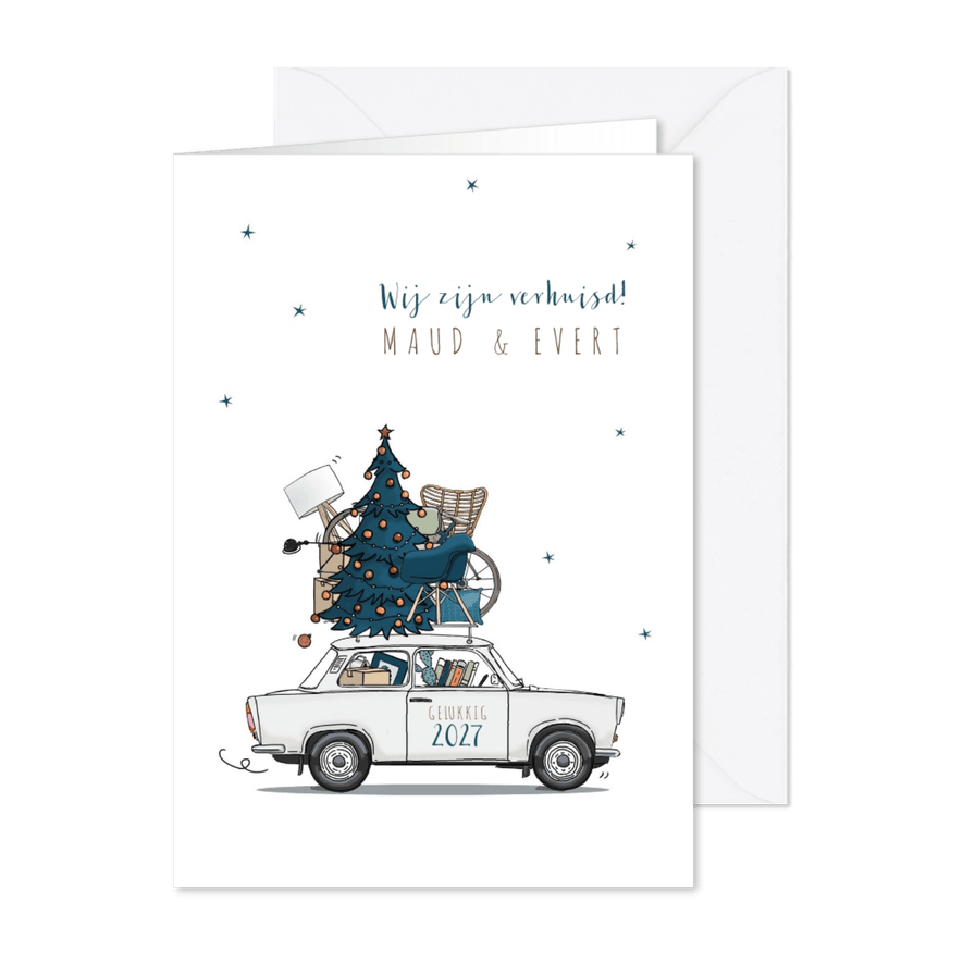 Kerst verhuiskaart wit met blauwe kerstboom - Kaartimpressie