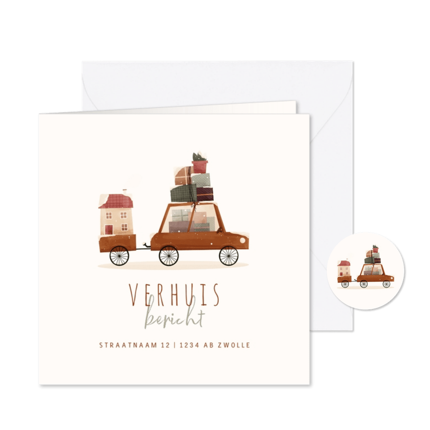 Kerst-verhuiskaartje autootje met dozen en huisje - Kaartimpressie