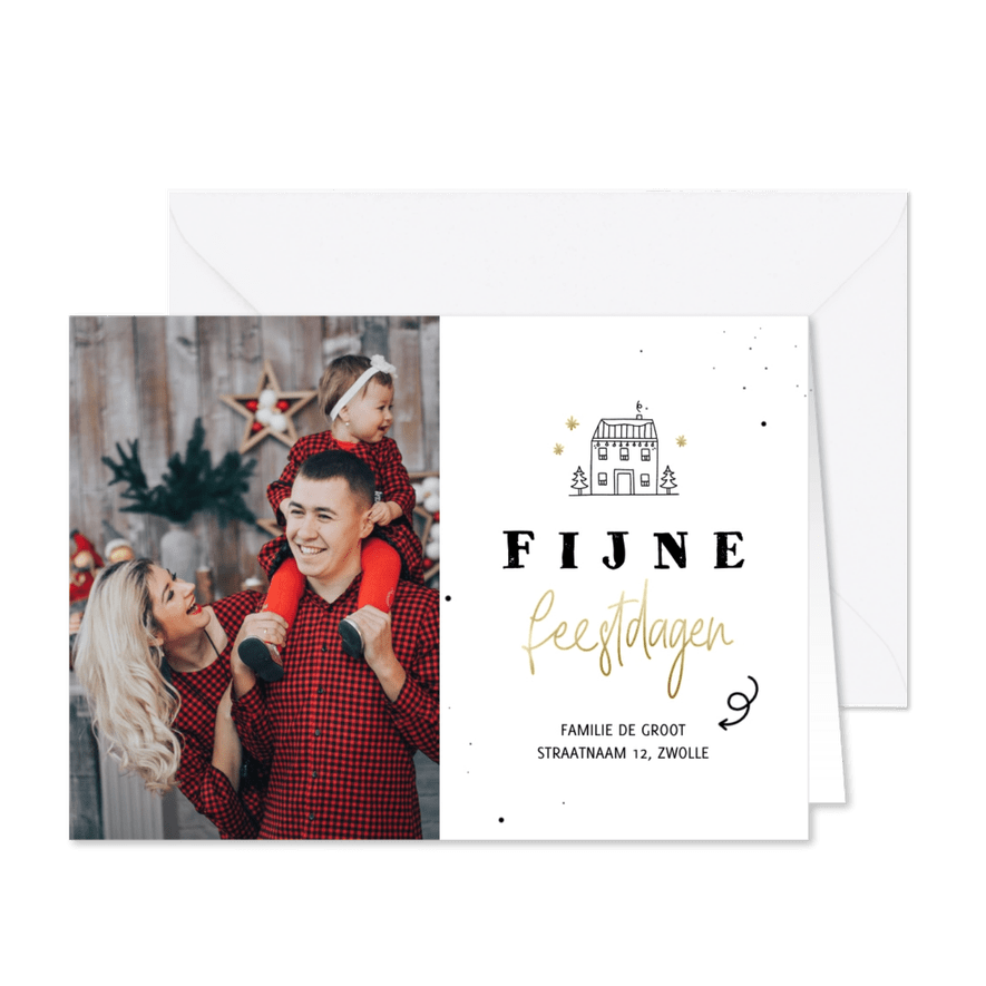 Kerst verhuiskaartje lijntekening huisje fijne feestdagen - Kaartimpressie