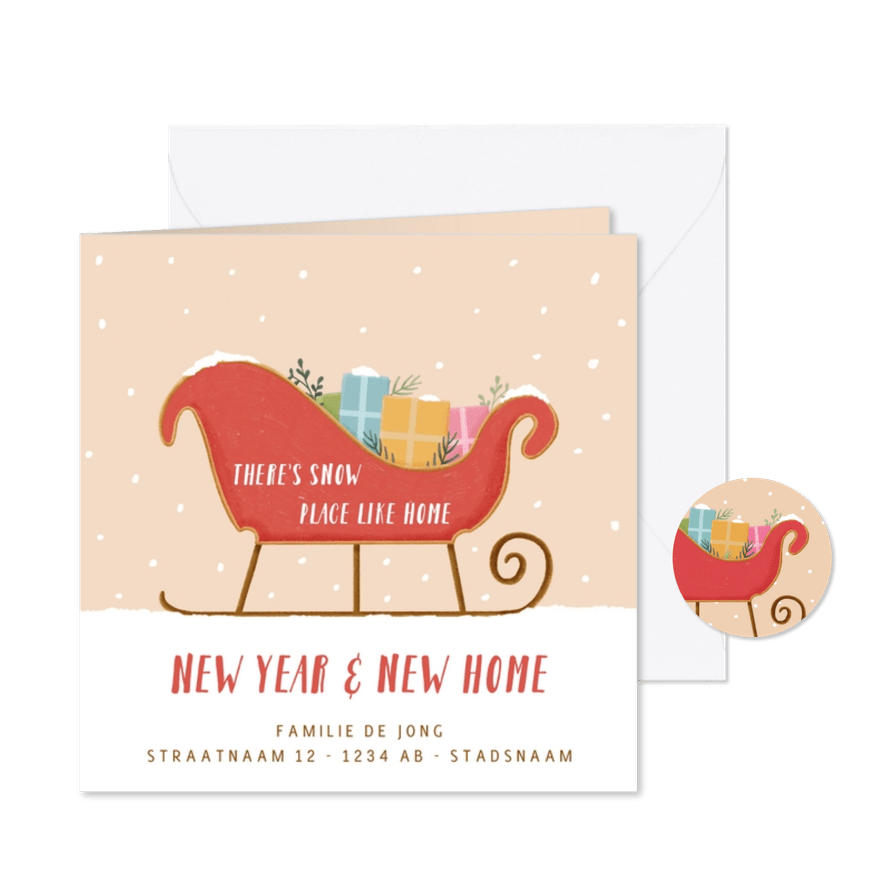 Kerst verhuiskaartje met arreslee en cadeaus  - Kaartimpressie