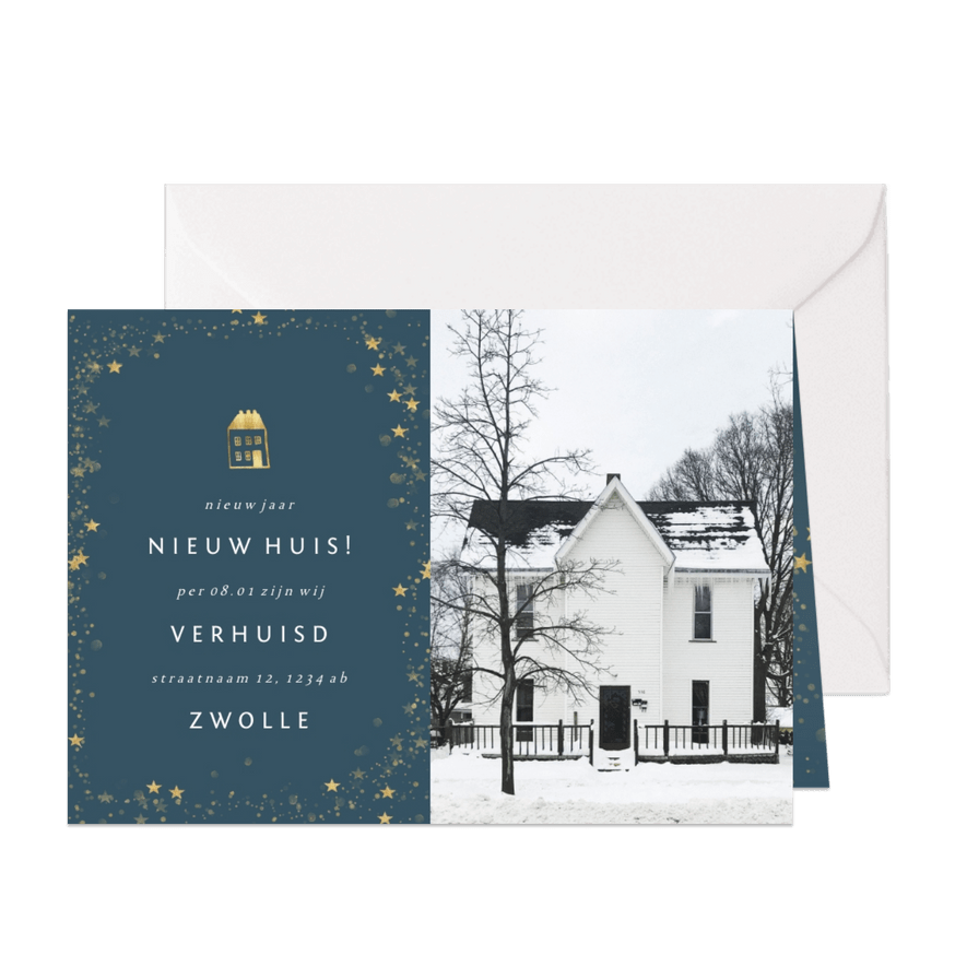 Kerst-verhuiskaartje met foto en gouden huisje - Kaartimpressie