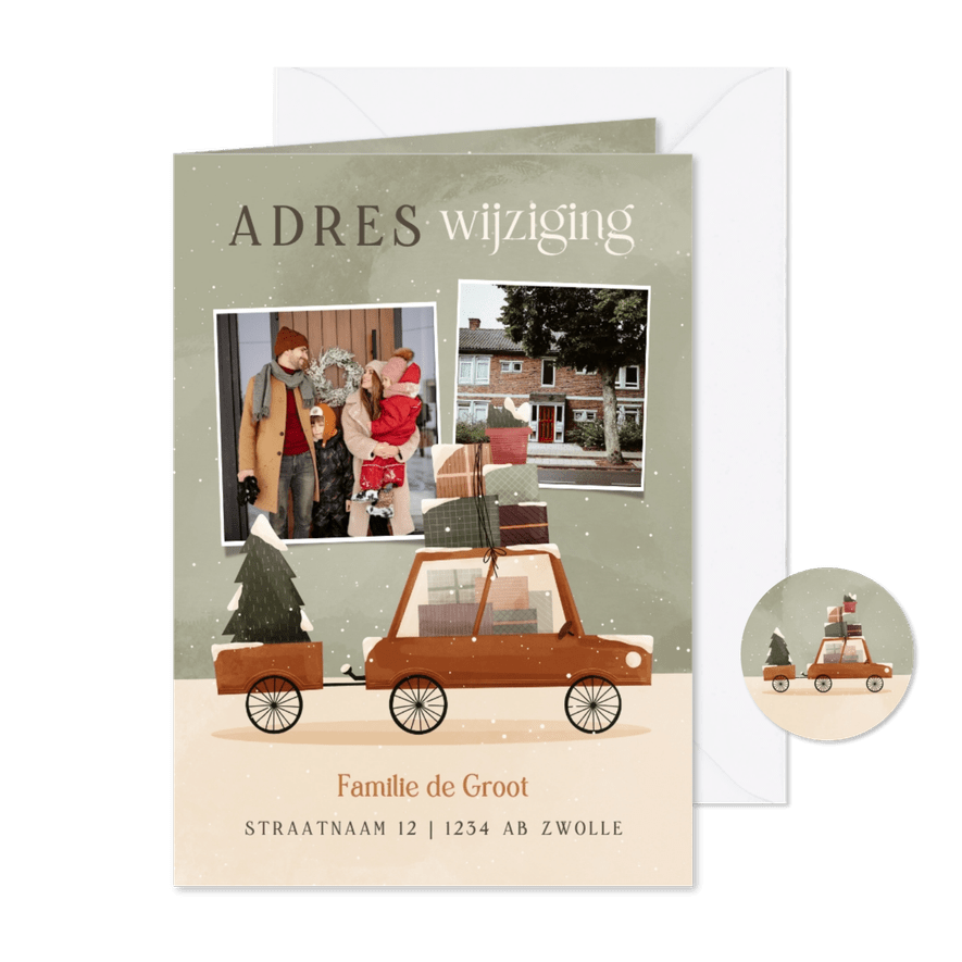 Kerst-verhuiskaartje met foto's en een auto met kerstboom - Kaartimpressie