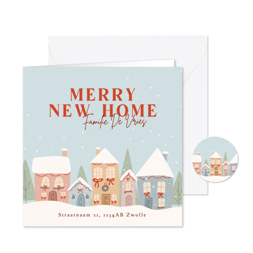 Kerst verhuiskaartje met huisjes in de winter licthblauw - Kaartimpressie