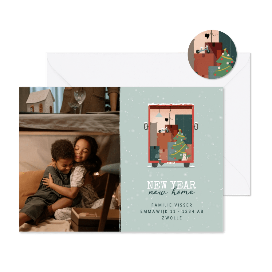 Kerst verhuiskaartje met verhuiswagen en foto - Kaartimpressie