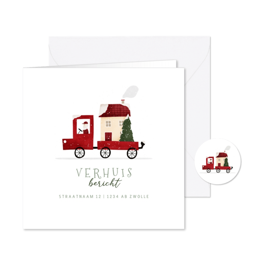 Kerst-verhuiskaartje rood busje met huis en kerstboom - Kaartimpressie