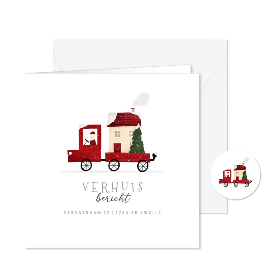 Kerst-verhuiskaartje rood busje met huis en kerstboom - Kaartimpressie