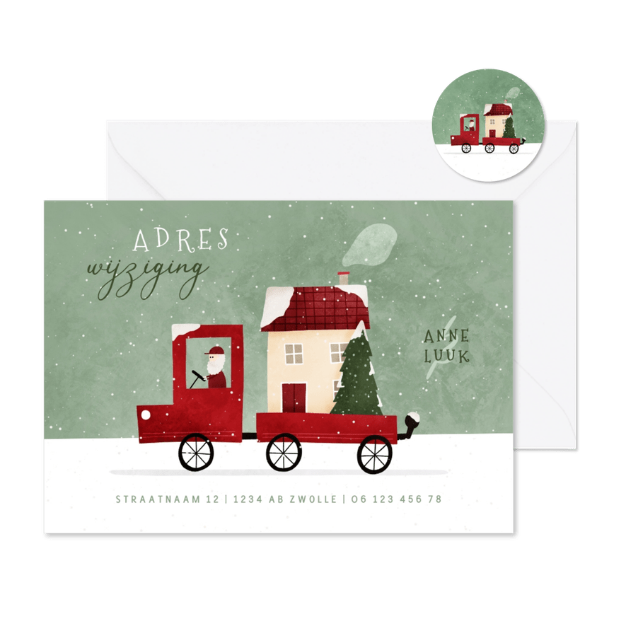 Kerst-verhuiskaartje verhuisbusje met huis en kerstboom - Kaartimpressie