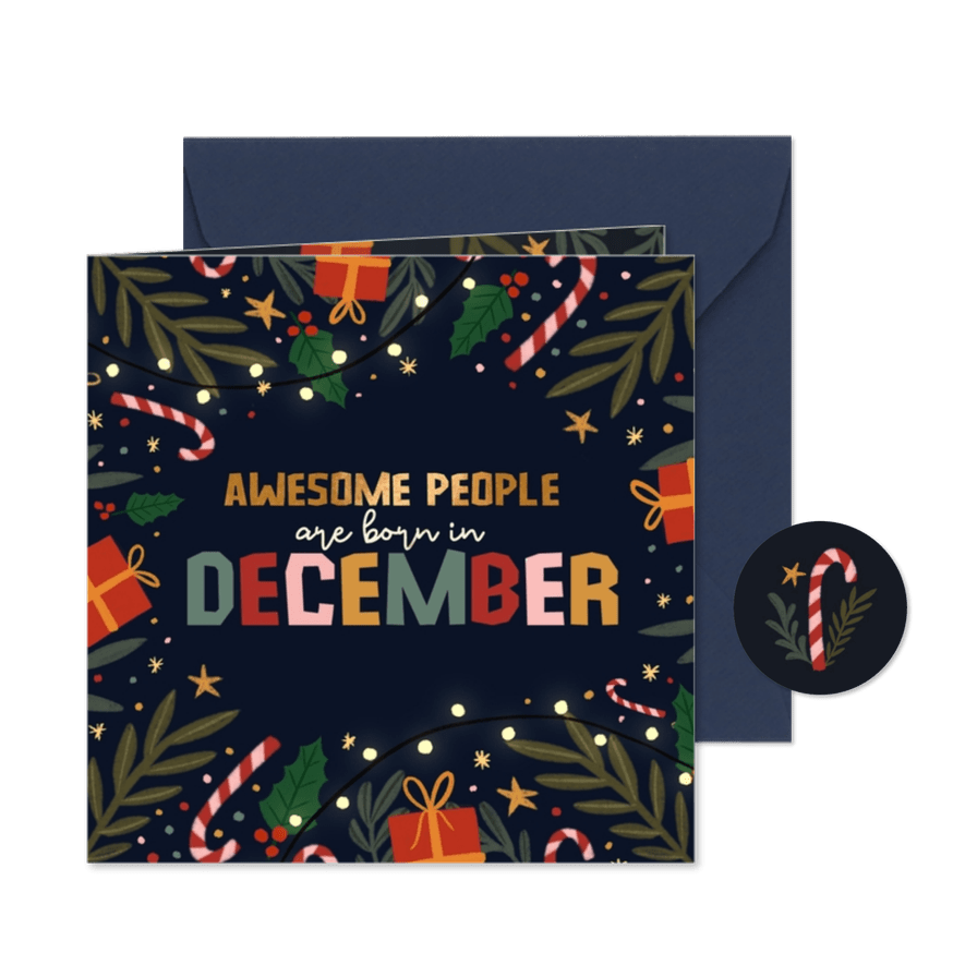 Kerst verjaardagskaart 'Awesome people are born in december' - Kaartimpressie