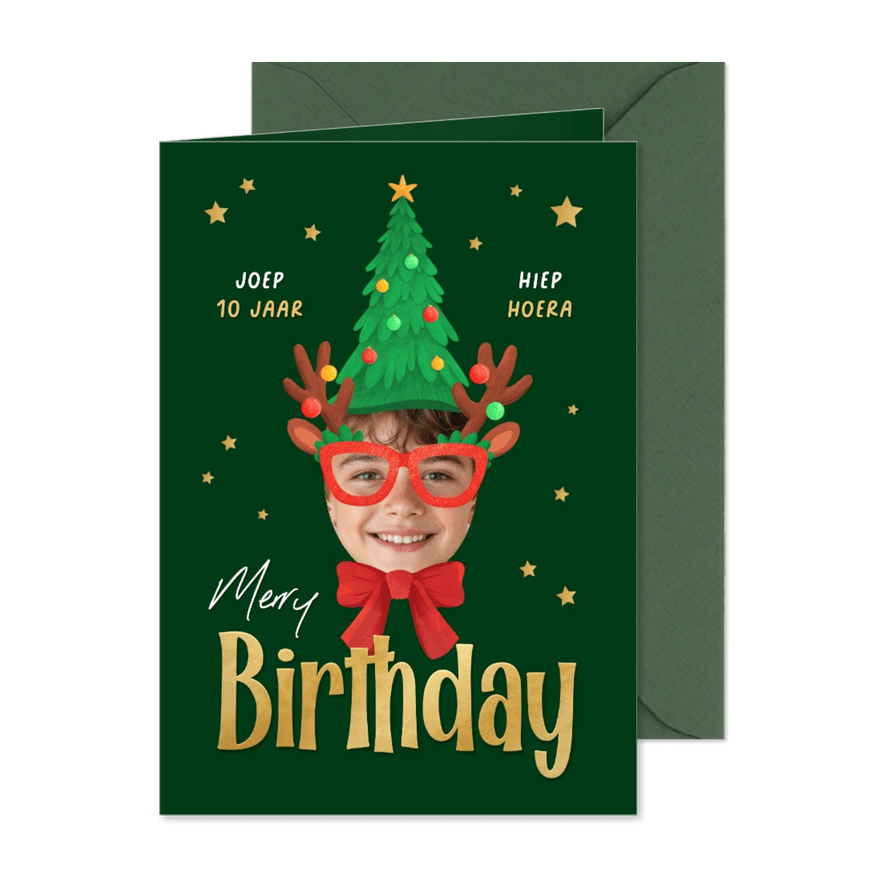 Kerst verjaardagskaart foto merry birthday grappig kerstboom - Kaartimpressie