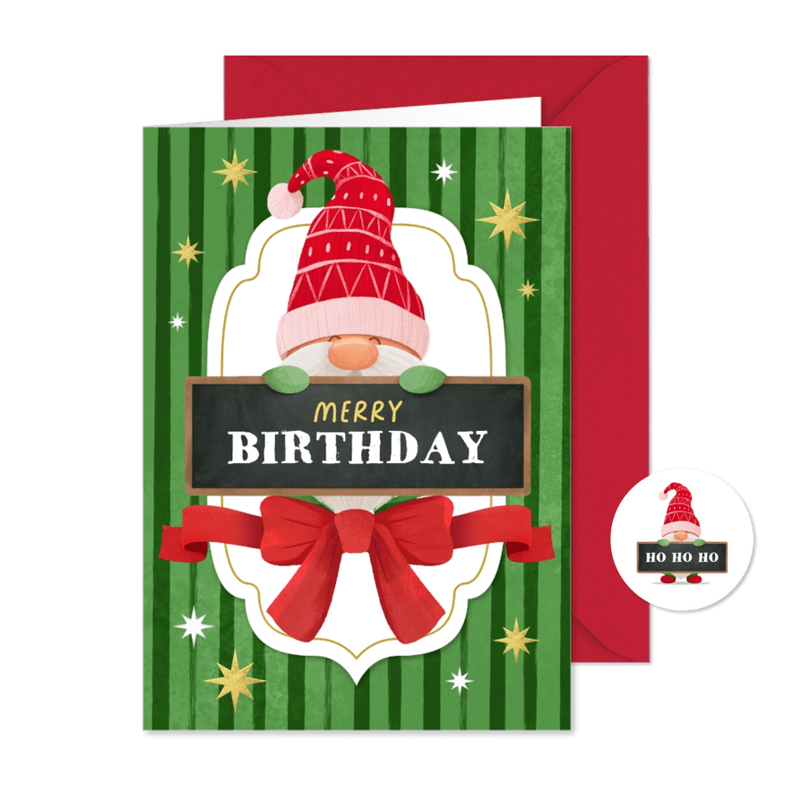 Kerst verjaardagskaart gnome kabouter strik merry birthday - Kaartimpressie