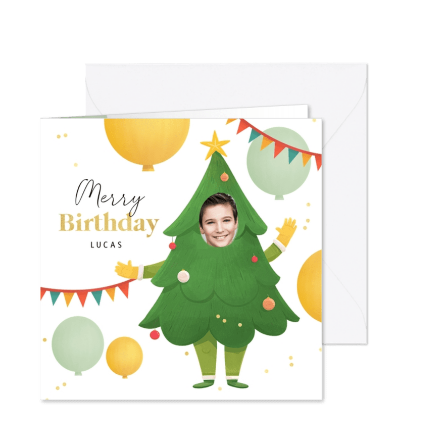 Kerst verjaardagskaart humor kerstboom slingers foto ballon - Kaartimpressie