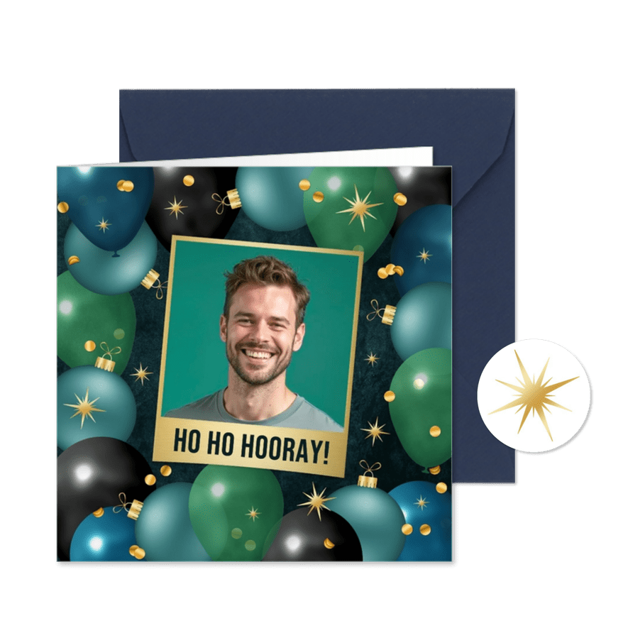 Kerst verjaardagskaart kerstballen ballonnen foto sterren - Kaartimpressie