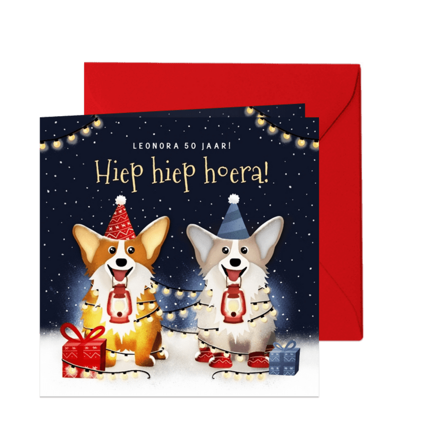 Kerst verjaardagskaart met 2 corgi honden met feesthoedjes - Kaartimpressie