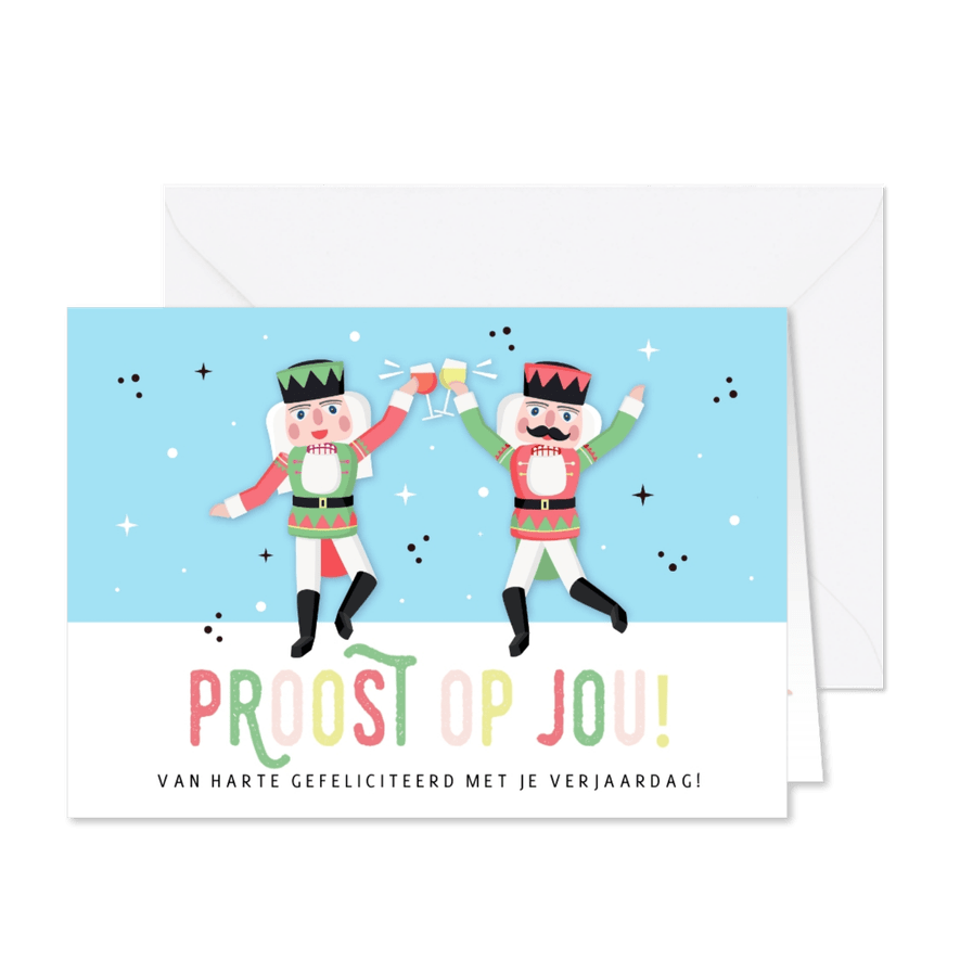 Kerst verjaardagskaart met proostende notenkrakers - Kaartimpressie