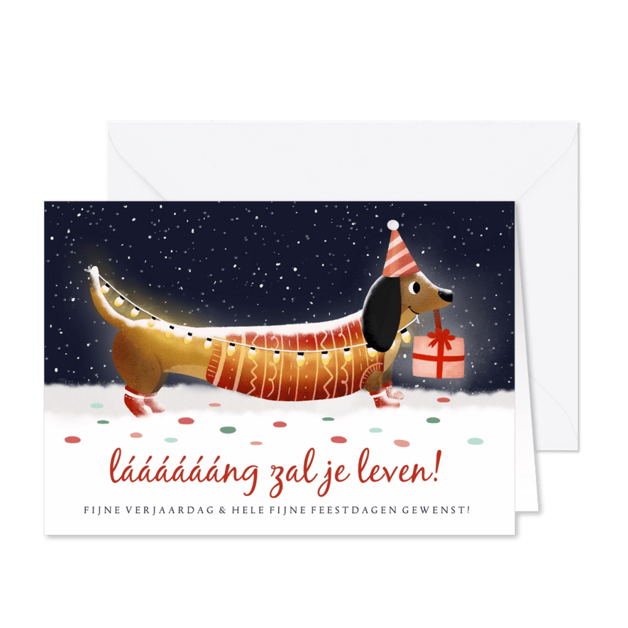 Kerst verjaardagskaart met teckel in de sneeuw - Kaartimpressie