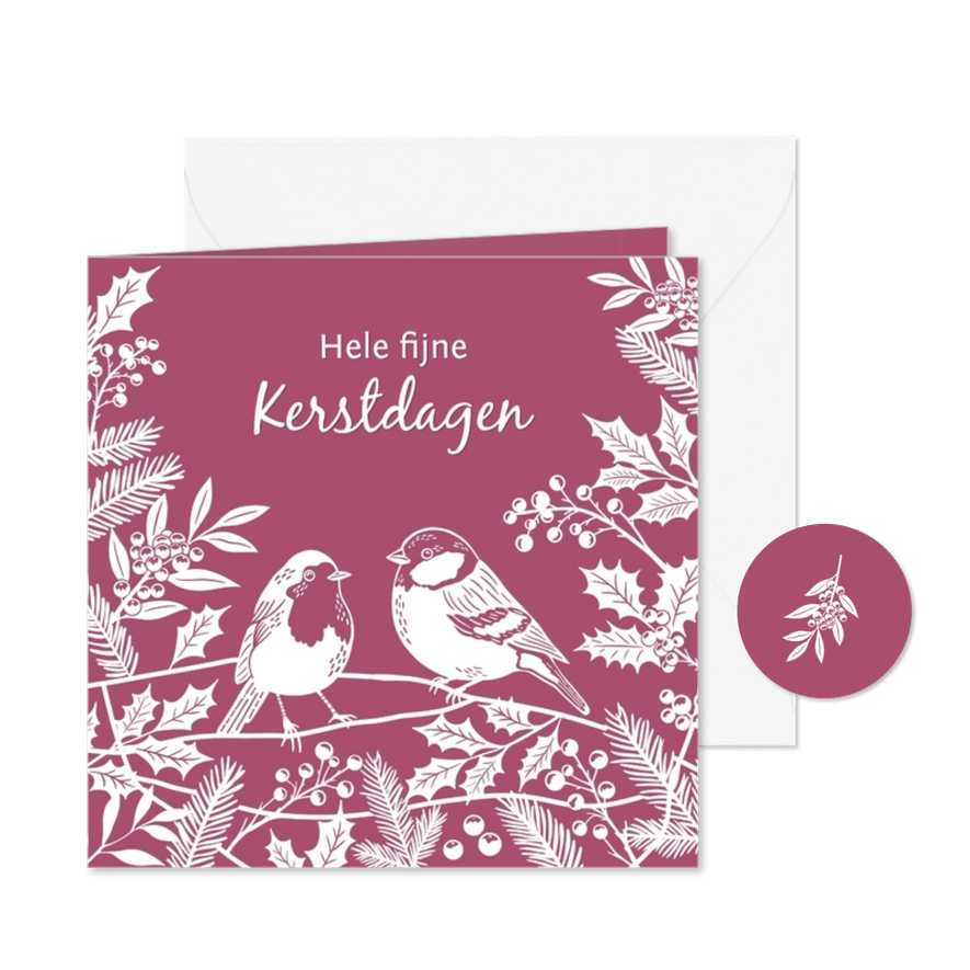 Kerst vink en roodborstje met kerstgroen papierknipkunst - Kaartimpressie