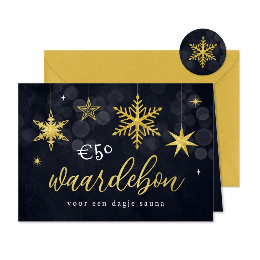 Kerst waardebon sterren sneeuw goud glitters - Kaartimpressie