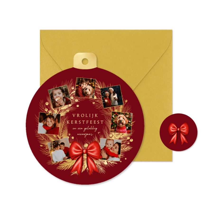 Kerstbal fotocollage gouden kerstkrans met rode strik - Kaartimpressie