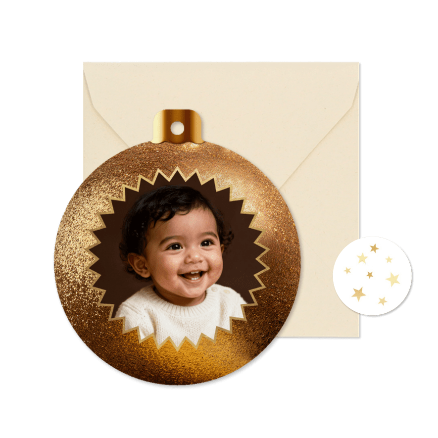 Kerstbal fotokaart glitter baby fotohanger - Kaartimpressie