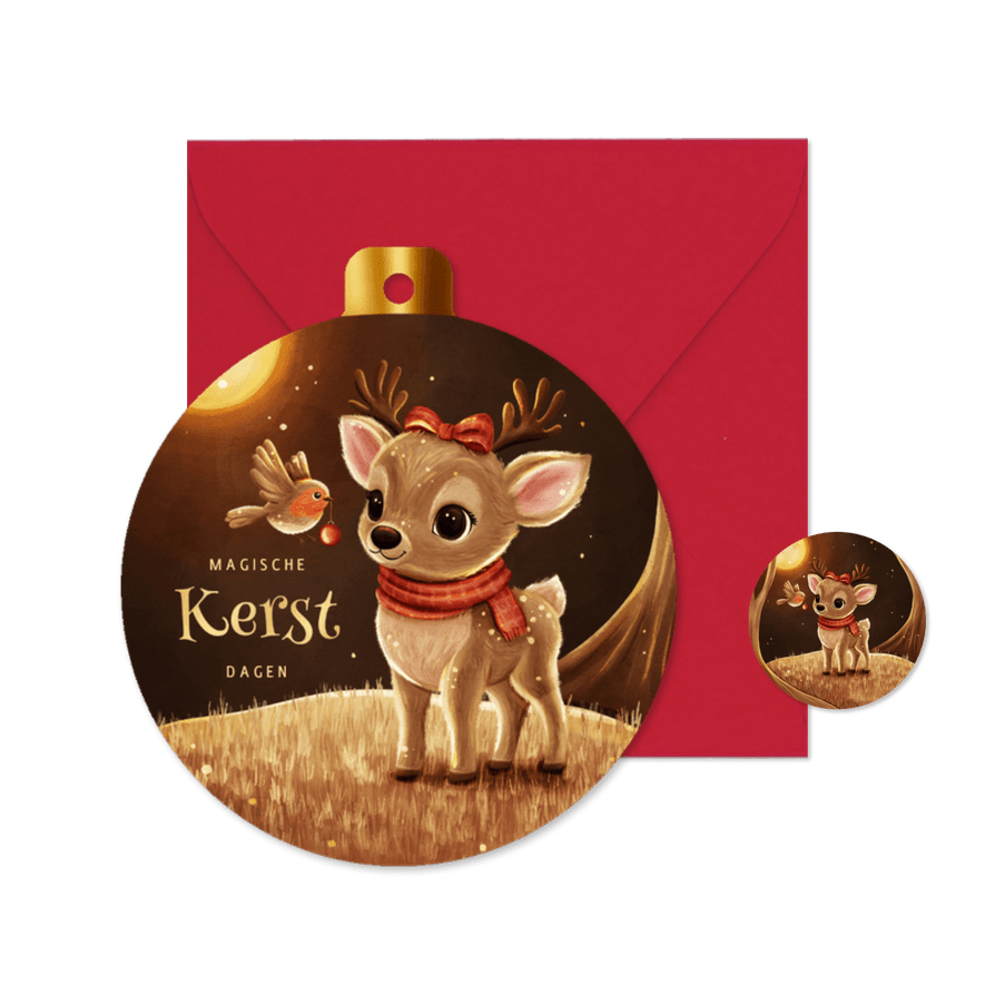 Kerstbal kaart hert met roodborstje in sprankelend bos - Kaartimpressie