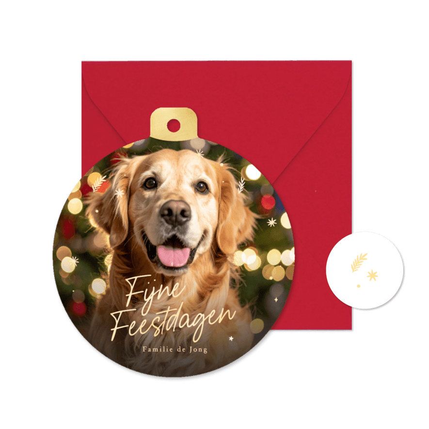 Kerstbal kaart met grote foto van je huisdier en sterren - Kaartimpressie