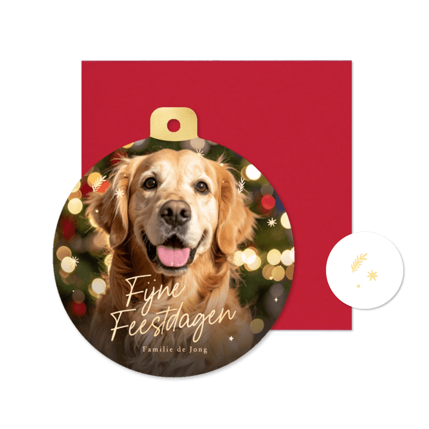 Kerstbal kaart met grote foto van je huisdier en sterren - Kaartimpressie