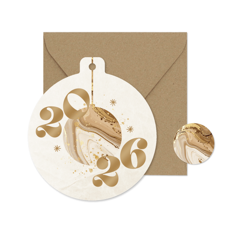 Kerstbal kerstkaart 2026 met marmeren bal - Kaartimpressie