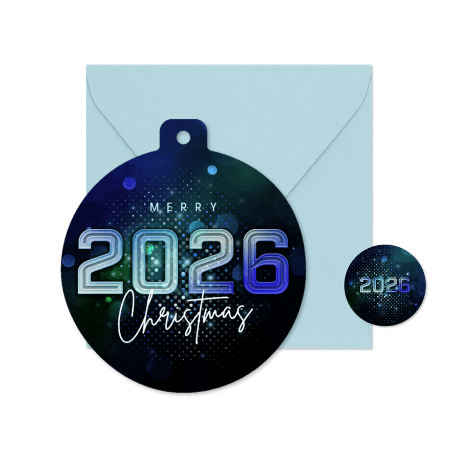 Kerstbal kerstkaart futuristisch 2026 blauw - Kaartimpressie