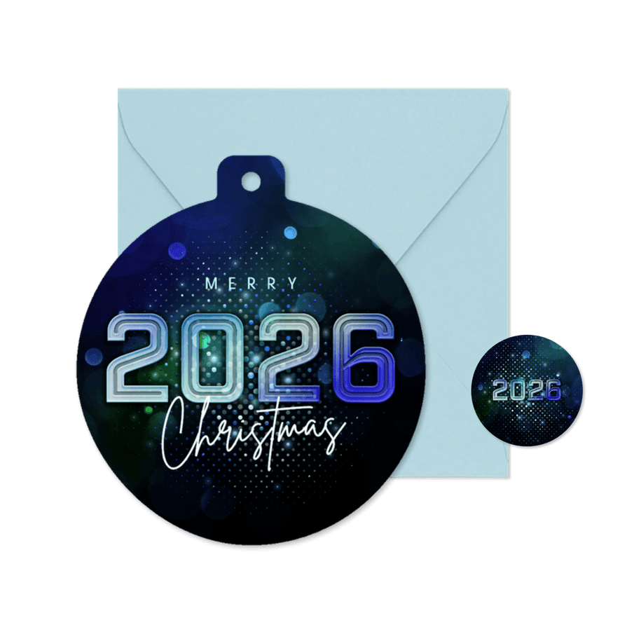 Kerstbal kerstkaart futuristisch 2026 blauw - Kaartimpressie
