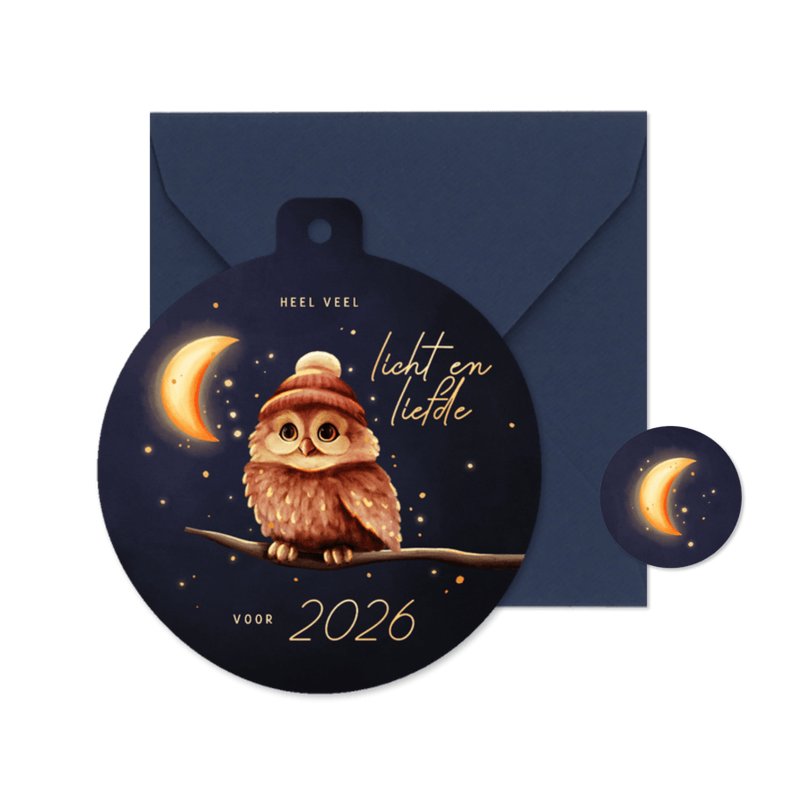 Kerstbal kerstkaart uiltje licht en liefde voor 2026 - Kaartimpressie