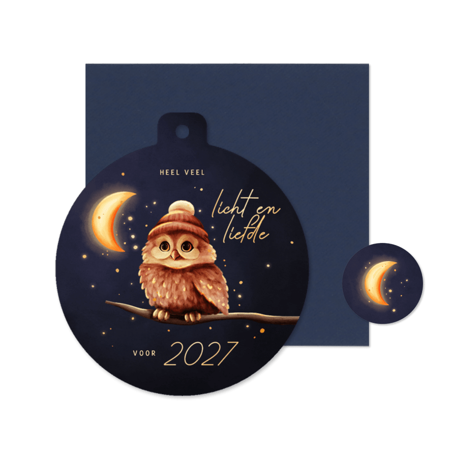 Kerstbal kerstkaart uiltje licht en liefde voor 2027 - Kaartimpressie