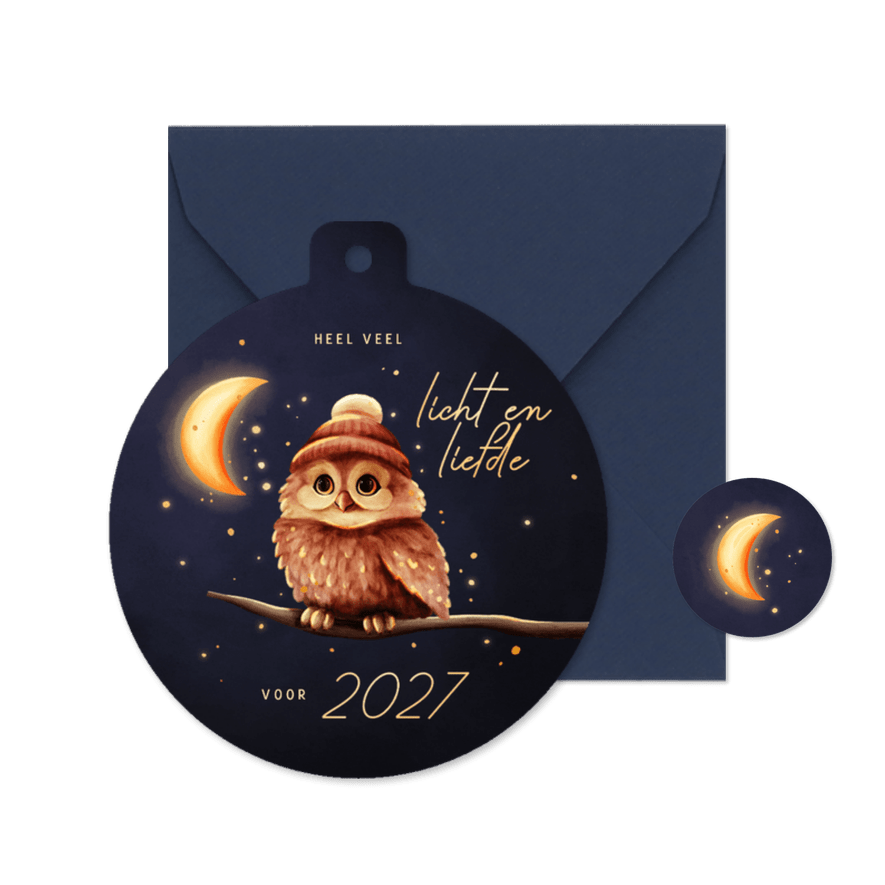 Kerstbal kerstkaart uiltje licht en liefde voor 2027 - Kaartimpressie