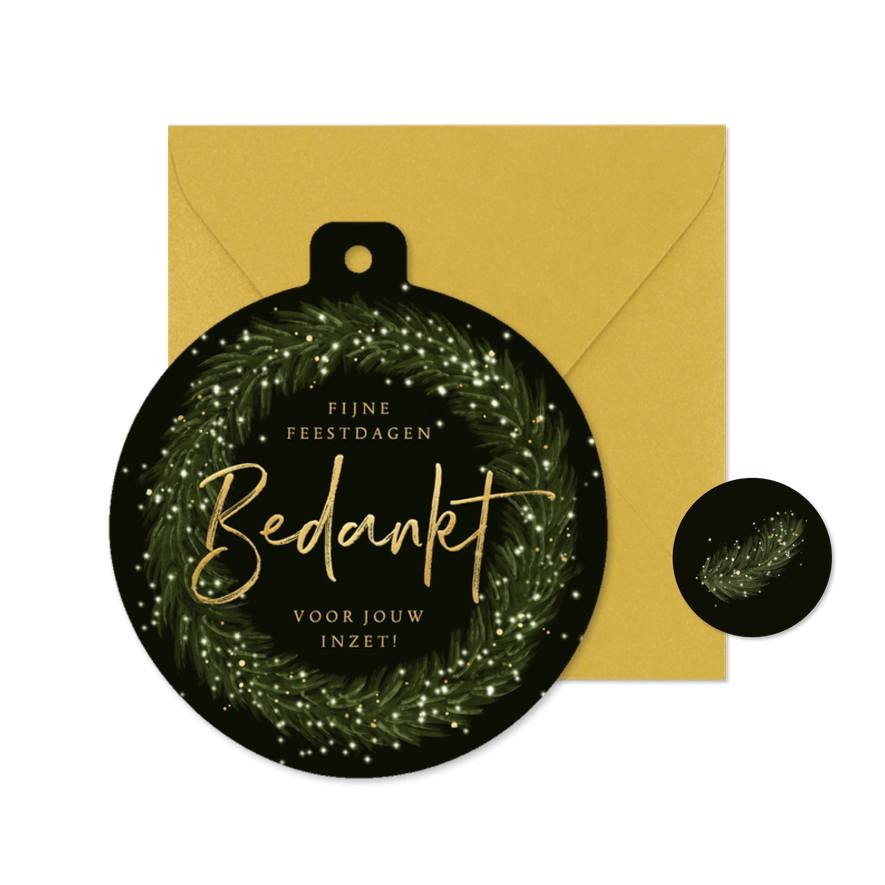 Kerstbal kerstkaart zakelijk krans lichtjes goud bedankt - Kaartimpressie