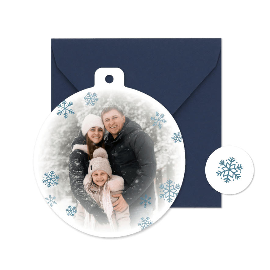 Kerstbal kerstkaarten met grote foto en sneeuwvlokken - Kaartimpressie