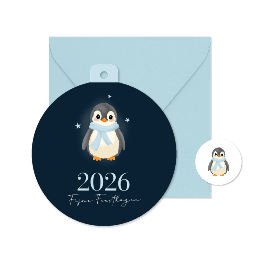 Kerstbal kerstkaartje met schattige pinguin donkerblauw - Kaartimpressie