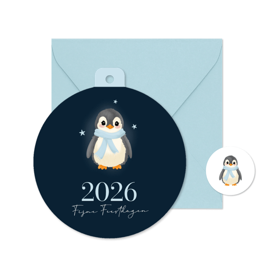 Kerstbal kerstkaartje met schattige pinguin donkerblauw - Kaartimpressie
