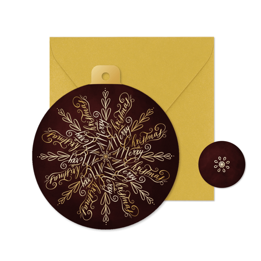 Kerstbalvorm kaart Merry Christmas sneeuwvlok typografie - Kaartimpressie