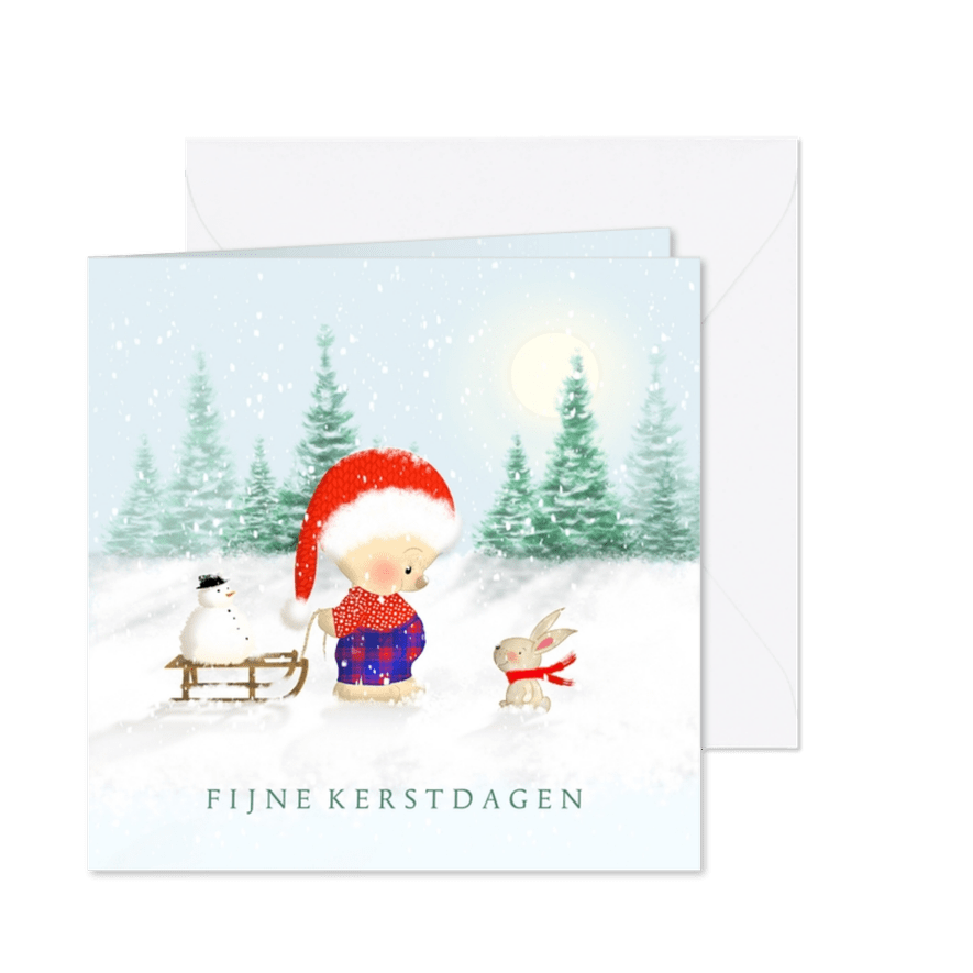 Kerstbeer met slee en konijn in de sneeuw - Kaartimpressie