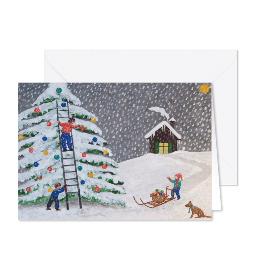 Kerstboom die versierd wordt door kinderen - Kaartimpressie