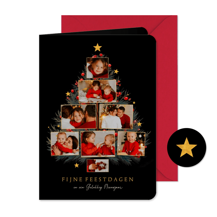 Kerstboom fotocollage met takjes en sterren - Kaartimpressie