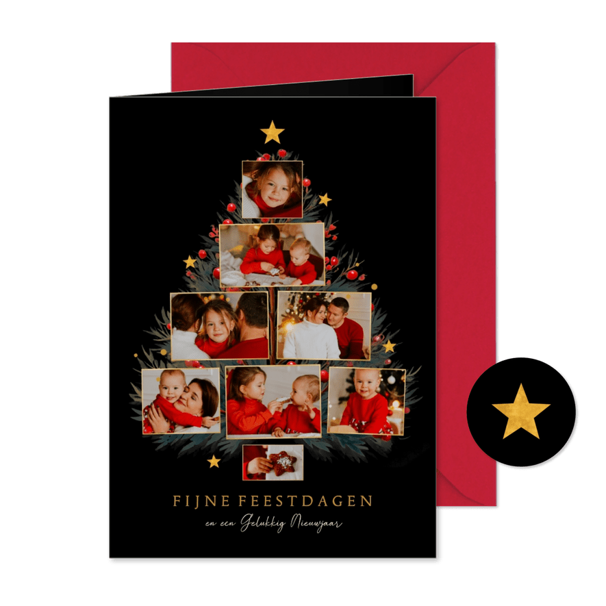 Kerstboom fotocollage met takjes en sterren - Kaartimpressie
