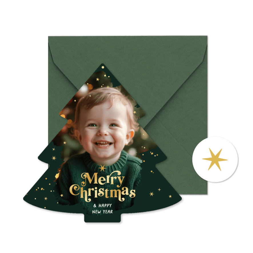Kerstboom fotokaart merry christmas goud sterren - Kaartimpressie