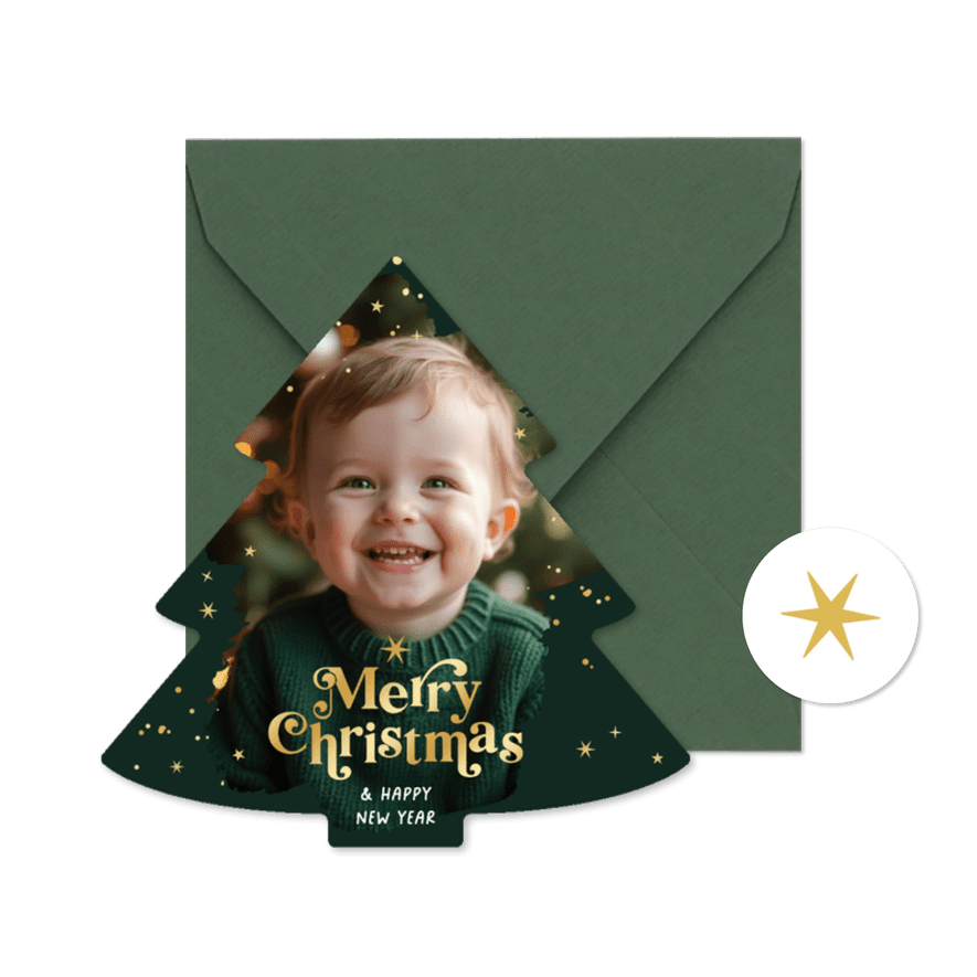 Kerstboom fotokaart merry christmas goud sterren - Kaartimpressie