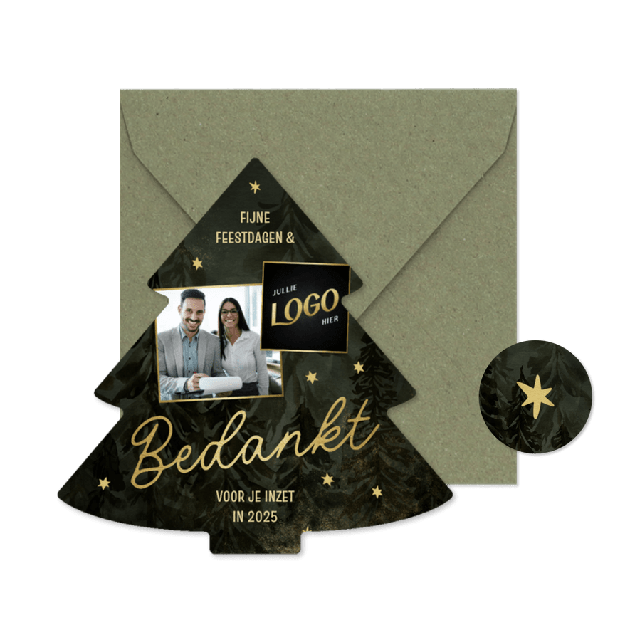 Kerstboom kaart zakelijk bedankt met kerstbomen en sterren - Kaartimpressie