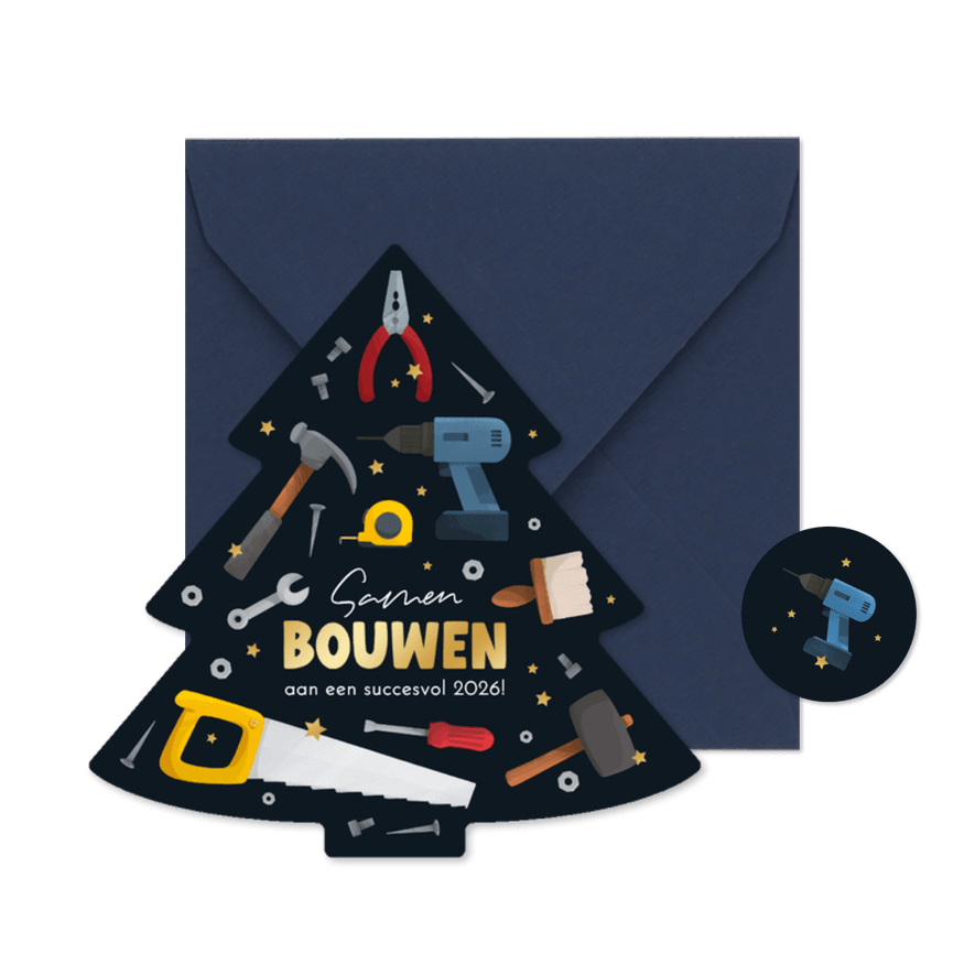 Kerstboom kerstkaart bouwbedrijf gereedschap sterren goud - Kaartimpressie