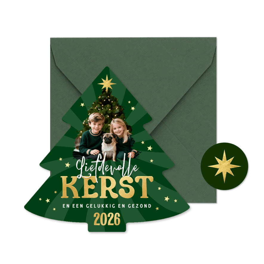 Kerstboom kerstkaart foto sterren liefdevolle kerst 2026 - Kaartimpressie