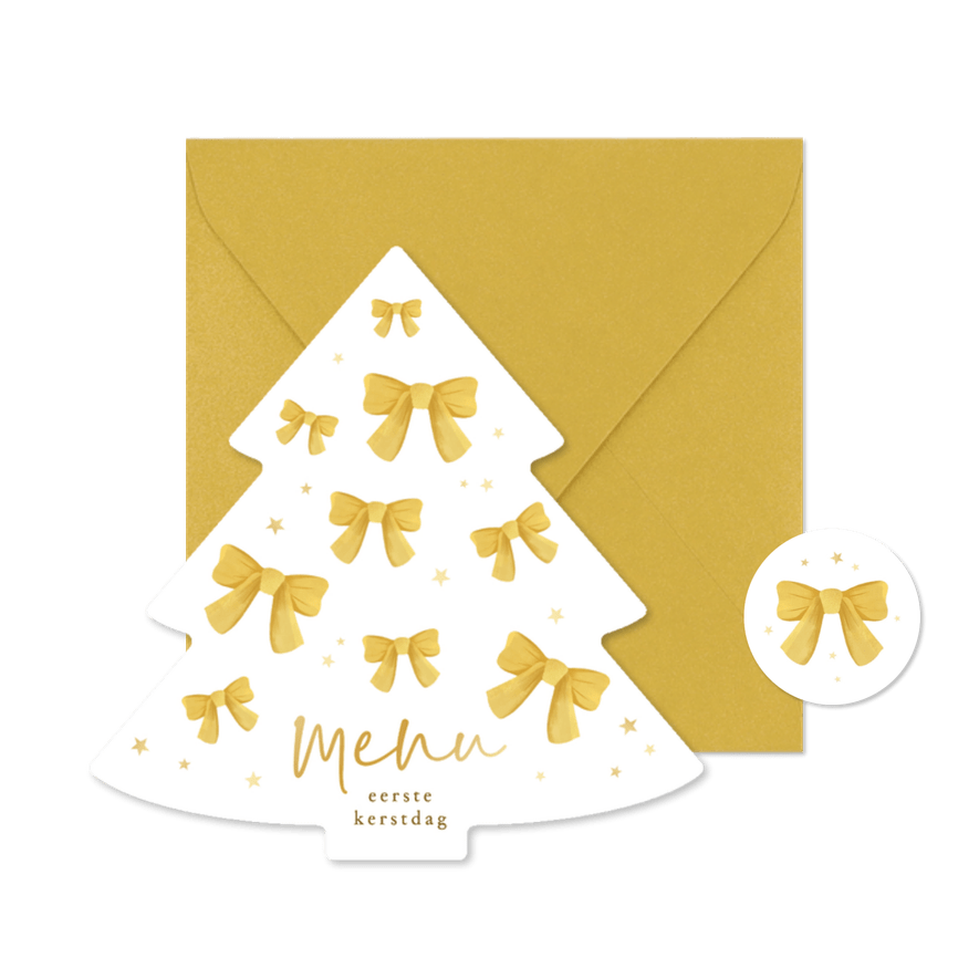 Kerstboom vorm menukaart kerst strikjes sterren goud - Kaartimpressie